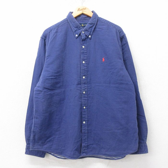 XL★古着 ラルフローレン Ralph Lauren 長袖 ブランド シャツ メンズ ワンポイントロゴ 大きいサイズ コットン ボタンダウン 青 ブルー 25mar24 中古 トップス