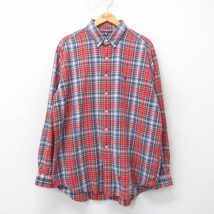 【50%OFF】XL★古着 ラルフローレン Ralph Lauren 長袖 ブランド シャツ メンズ 90年代 90s BLAIRE ワンポイントロゴ 大きいサイズ ロング丈 コットン ボタンダウン 赤他 レッド チェック 【spe】 25mar24 中古 トップス