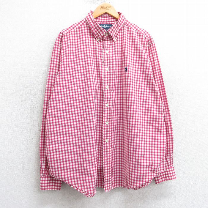 XL★古着 ラルフローレン Ralph Lauren 長袖 ブランド シャツ メンズ 90年代 90s ワンポイントロゴ 大きいサイズ コットン ボタンダウン ピンク他 ギンガム チェック 25mar24 中古 トップス