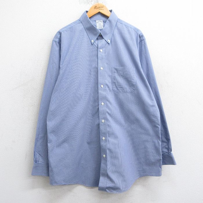 XL★古着 ブルックスブラザーズ BROOKS BROTHERS 長袖 ブランド シャツ メンズ 90年代 90s 千鳥格子 大きいサイズ ロング丈 コットン ボタンダウン 紺他 ネイビー 25mar24 中古 トップス