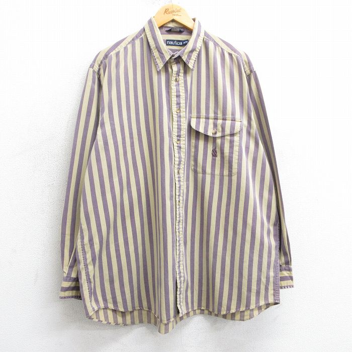 XL★古着 ノーティカ NAUTICA 長袖 ブランド シャツ メンズ 90年代 90s ワンポイントロゴ 大きいサイズ コットン ベージュ系他 カーキ ストライプ 25mar24 中古 トップス