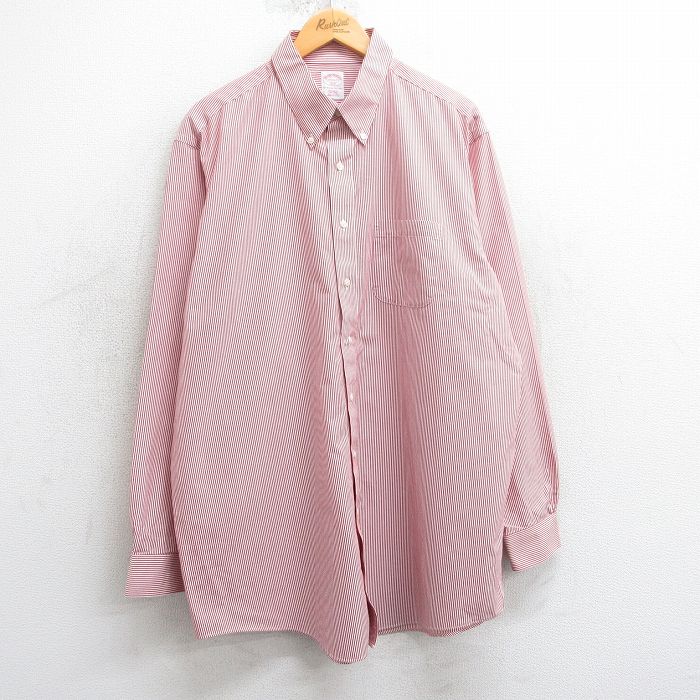 XL★古着 ブルックスブラザーズ BROOKS BROTHERS 長袖 ブランド シャツ メンズ 90年代 90s 大きいサイズ ロング丈 コットン ボタンダウン 赤他 レッド ストライプ 25mar24 中古 トップス