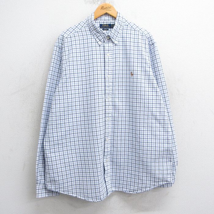 XL★古着 ラルフローレン Ralph Lauren 長袖 ブランド シャツ メンズ ワンポイントロゴ オックスフォード 大きいサイズ ロング丈 コットン ボタンダウン 白他 ホワイト チェック 25mar24 中古 トップス
