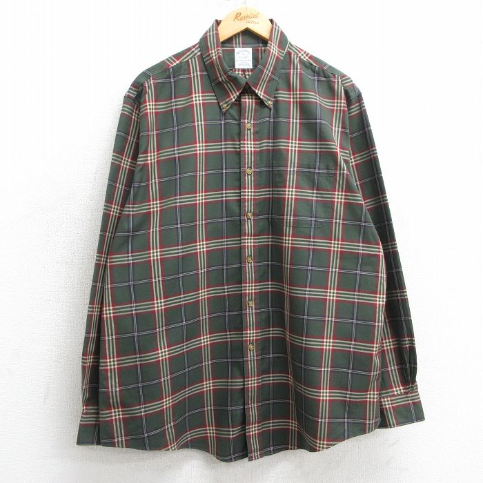 XL★古着 ブルックスブラザーズ BROOKS BROTHERS 長袖 ブランド シャツ メンズ 大きいサイズ ロング丈 コットン ボタンダウン 濃緑他 グリーン チェック 25mar24 中古 トップス
