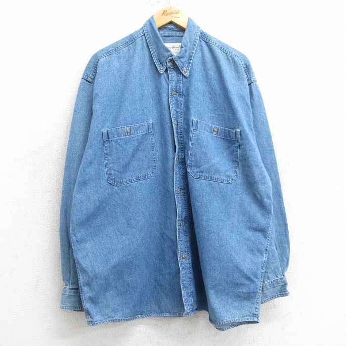 【50%OFF】XL★古着 エディーバウアー 長袖 ブランド シャツ メンズ 00年代 00s ロング丈 コットン ボタンダウン 紺 ネイビー デニム 【spe】 25mar24 中古 トップス
