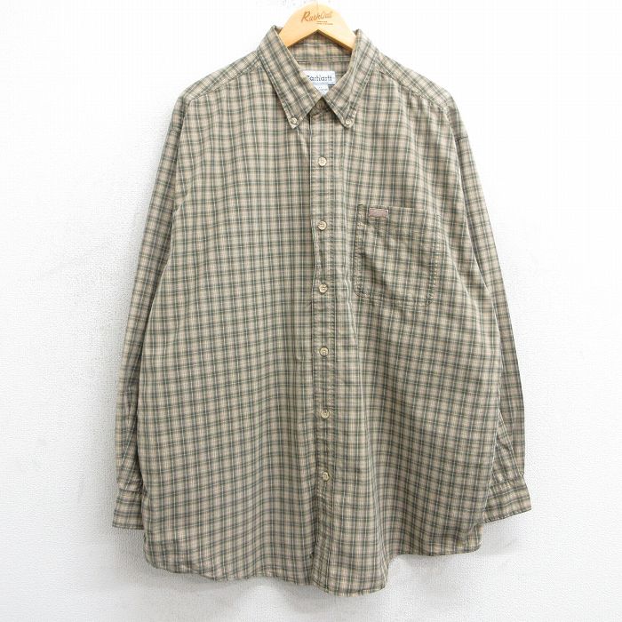 【50%OFF】XL★古着 カーハート Carhartt 長袖 ブランド シャツ メンズ 大きいサイズ ロング丈 コットン ボタンダウン ベージュ他 カーキ チェック 25mar24 中古 トップス