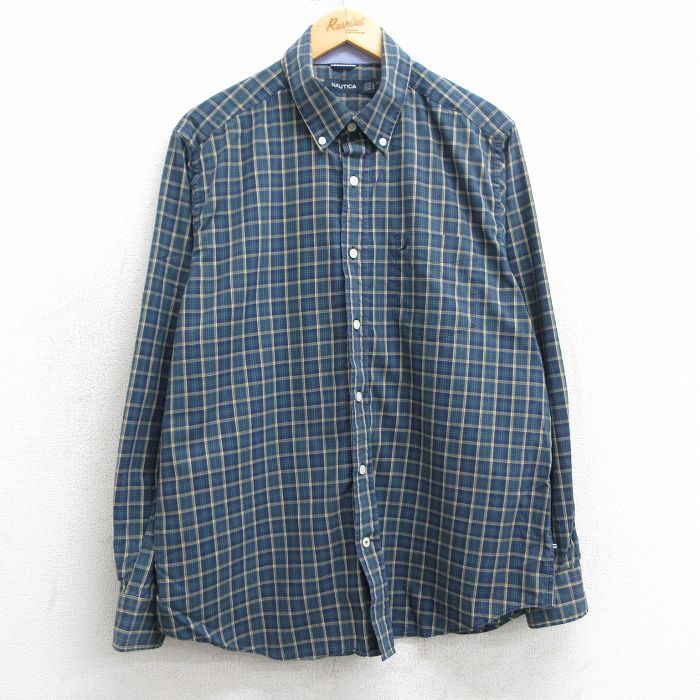 【20%OFF】XL★古着 ノーティカ NAUTICA 長袖 ブランド シャツ メンズ ワンポイントロゴ ボタンダウン 紺他 ネイビー チェック 25mar24 中古 トップス