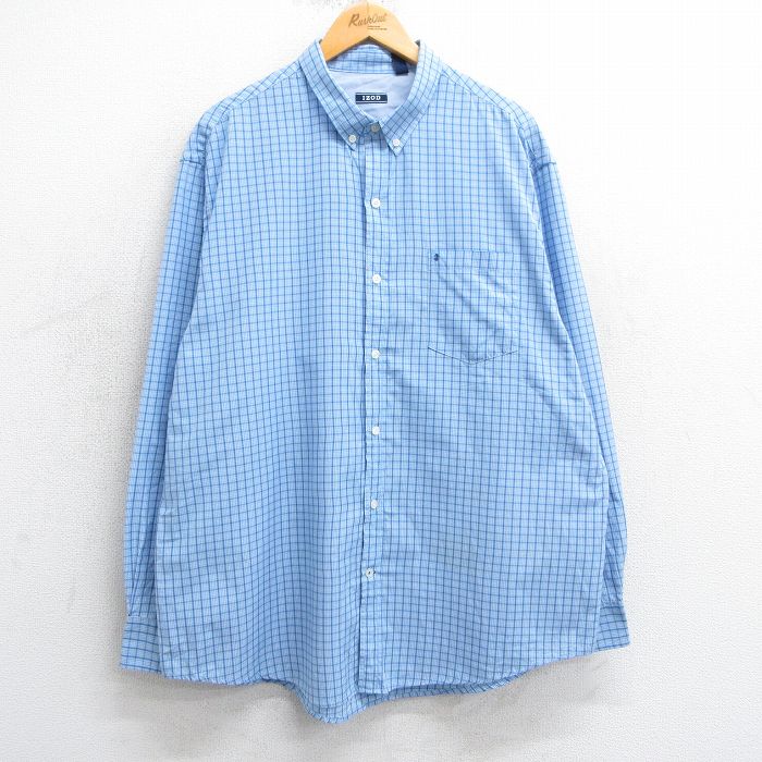 【20%OFF】XL★古着 IZOD 長袖 ブランド シャツ メンズ ワンポイントロゴ 大きいサイズ ロング丈 ボタンダウン 薄紺他 ネイビー チェック 25mar24 中古 トップス