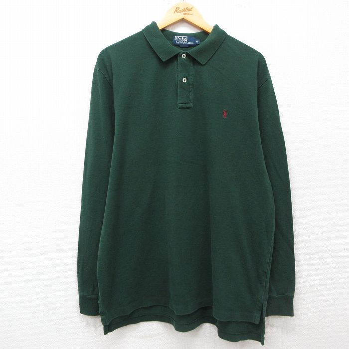 XL★古着 ラルフローレン Ralph Lauren 長袖 ブランド ポロ シャツ メンズ 90年代 90s ワンポイントロゴ 鹿の子 コットン 緑 グリーン 25mar24 中古 トップス