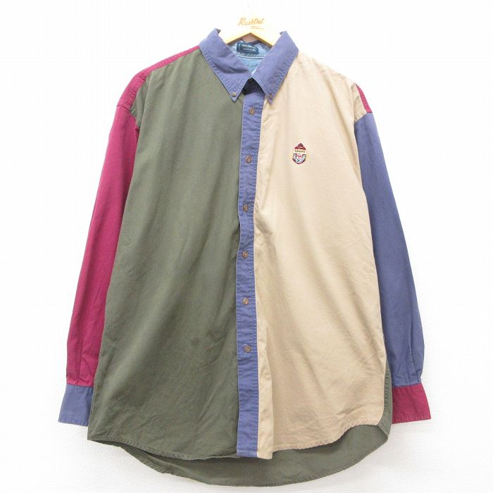 【20%OFF】XL★古着 ラルフローレン Ralph Lauren チャップス 長袖 ブランド シャツ メンズ 80年代 80s マルチカラー クレイジーパターン 大きいサイズ ロング丈 コットン ボタンダウン 緑他 グリーン 【spe】 25mar24 中古 トップス