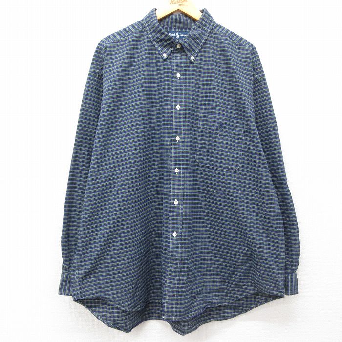XL★古着 ラルフローレン Ralph Lauren 長袖 ブランド シャツ メンズ 90年代 90s BIG SHIRT ワンポイントロゴ 大きいサイズ ロング丈 コットン ボタンダウン 紺他 ネイビー チェック 【spe】 25mar24 中古 トップス
