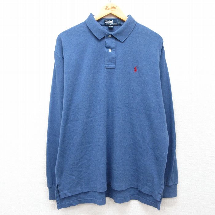 XL★古着 ラルフローレン Ralph Lauren 長袖 ブランド ポロ シャツ メンズ 90年代 90s ワンポイントロゴ 大きいサイズ コットン 薄紺 ネイビー 25mar24 中古 トップス