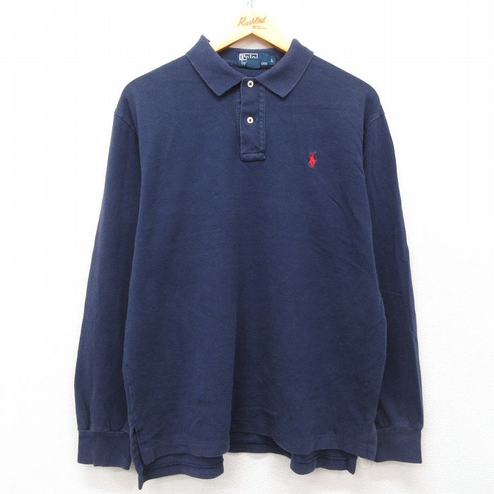 L★古着 長袖 ブランド ポロ シャツ メンズ 90年代 90s ワンポイントロゴ 鹿の子 コットン 紺 ネイビー 25mar24 中古 トップス