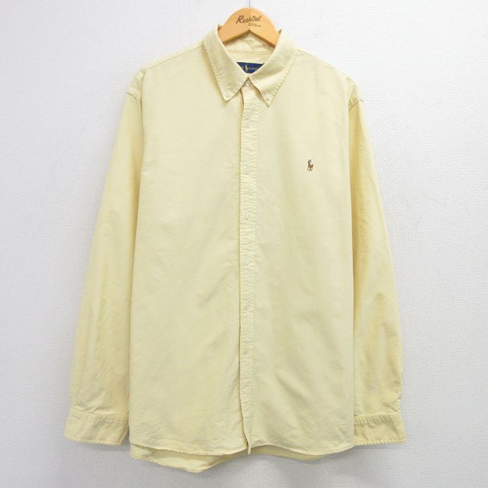 XL★古着 ラルフローレン Ralph Lauren 長袖 ブランド シャツ メンズ ワンポイントロゴ オックスフォード 大きいサイズ ロング丈 コットン ボタンダウン 黄 イエロー 25mar25 中古 トップス
