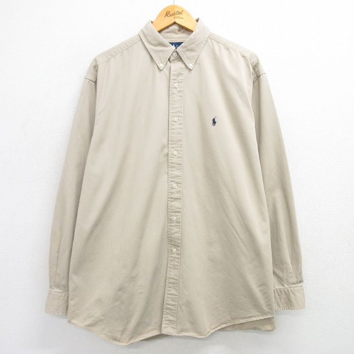 XL★古着 ラルフローレン Ralph Lauren 長袖 ブランド シャツ メンズ 90年代 90s ワンポイントロゴ BLAKE 大きいサイズ ロング丈 コットン ボタンダウン ベージュ カーキ 25mar25 中古 トップス