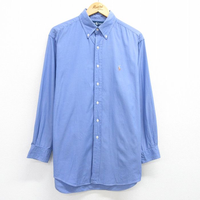 XL★古着 ラルフローレン Ralph Lauren 長袖 ブランド シャツ メンズ 90年代 90s ワンポイントロゴ YARMOUTH ロング丈 コットン ボタンダウン 薄紺 ネイビー 25mar25 中古 トップス