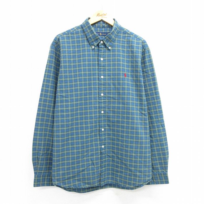 XL★古着 ラルフローレン Ralph Lauren 長袖 ブランド シャツ メンズ ワンポイントロゴ 大きいサイズ コットン ボタンダウン 緑他 グリーン チェック 25mar25 中古 トップス