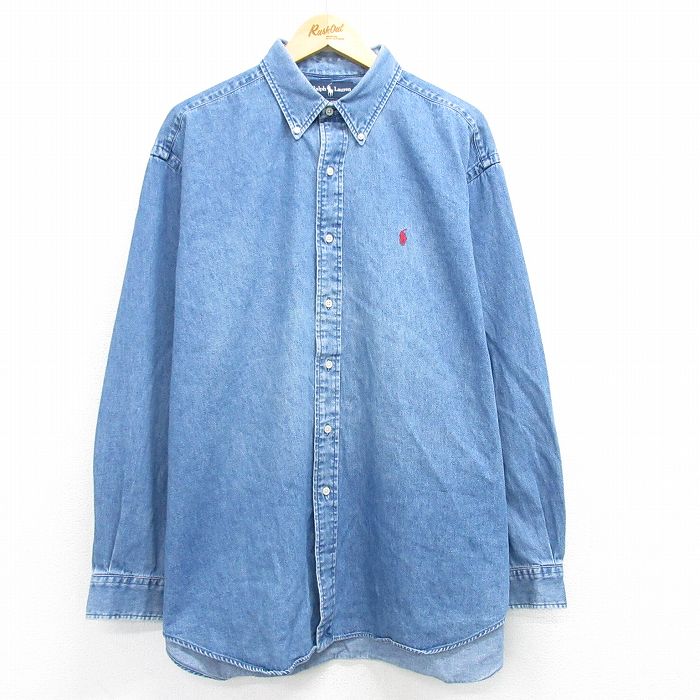 XL★古着 ラルフローレン Ralph Lauren 長袖 ブランド シャツ メンズ 90年代 90s ワンポイントロゴ BLAIRE 大きいサイズ ロング丈 コットン ボタンダウン 紺 ネイビー デニム 【spe】 25mar25 中古 トップス