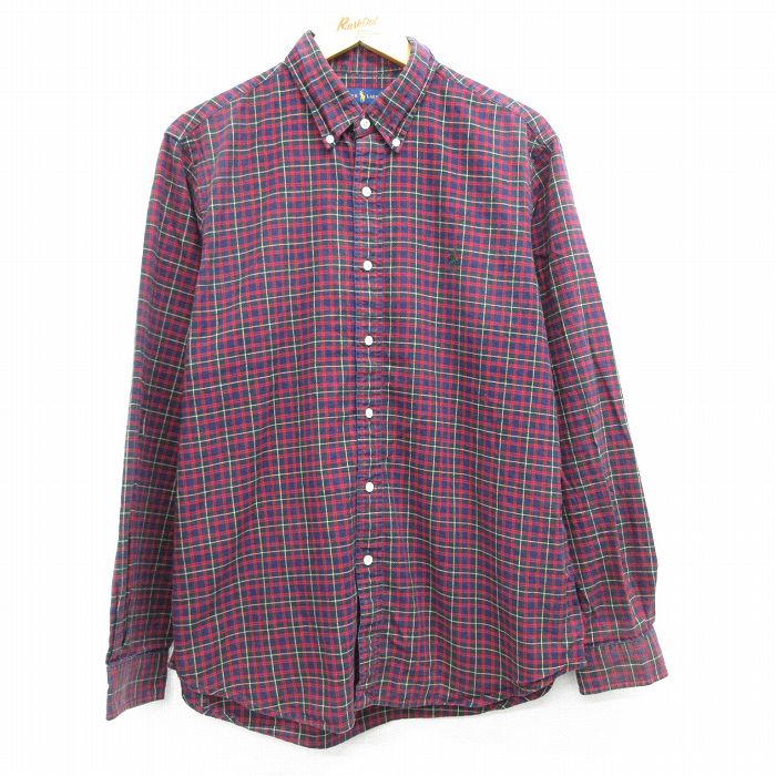L★古着 ラルフローレン Ralph Lauren 長袖 ブランド シャツ メンズ ワンポイントロゴ コットン ボタンダウン エンジ他 チェック 25mar25 中古 トップス