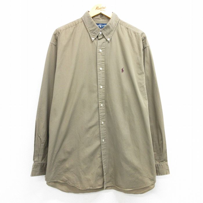 XL★古着 ラルフローレン Ralph Lauren 長袖 ブランド シャツ メンズ 90年代 90s ワンポイントロゴ BLAKE 大きいサイズ ロング丈 コットン ボタンダウン 緑系 グリーン 25mar25 中古 トップス
