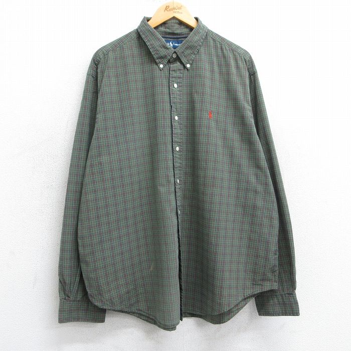 XL★古着 ラルフローレン Ralph Lauren 長袖 ブランド シャツ メンズ 90年代 90s ワンポイントロゴ 大きいサイズ コットン ボタンダウン 濃緑他 グリーン チェック 25mar25 中古 トップス