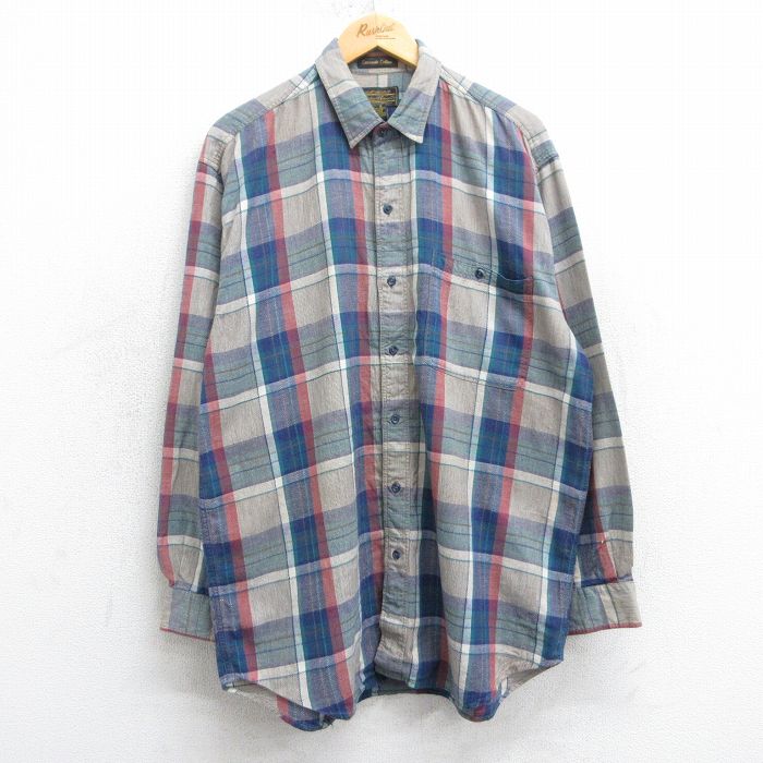 XL★古着 エディーバウアー 長袖 ブランド シャツ メンズ 90年代 90s ロング丈 コットン ベージュ他 カーキ チェック 25mar25 中古 トップス