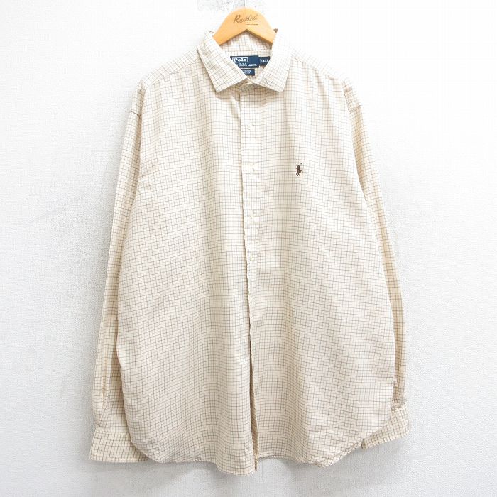 XL★古着 ラルフローレン Ralph Lauren 長袖 ブランド シャツ メンズ 90年代 90s ワンポイントロゴ WESTERTON 大きいサイズ ロング丈 コットン 薄ベージュ他 カーキ チェック 25mar25 中古 トップス