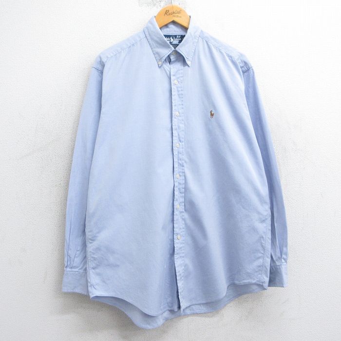 L★古着 ラルフローレン Ralph Lauren 長袖 ブランド シャツ メンズ 90年代 90s ワンポイントロゴ YARMOUTH ロング丈 コットン ボタンダウン 薄紺 ネイビー 25mar25 中古 トップス
