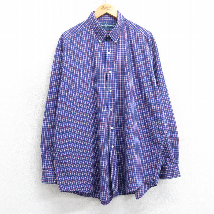 XL★古着 ラルフローレン Ralph Lauren 長袖 ブランド シャツ メンズ 90年代 90s ワンポイントロゴ BLAKE 大きいサイズ ロング丈 コットン ボタンダウン 青他 ブルー チェック 25mar25 中古 トップス