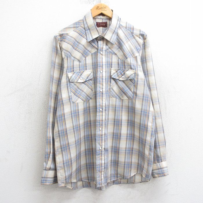M★古着 リーバイス Levis 長袖 ブランド ウエスタン シャツ メンズ 90年代 90s ロング丈 USA製 薄ベージュ他 カーキ チェック 25mar25 中古 トップス