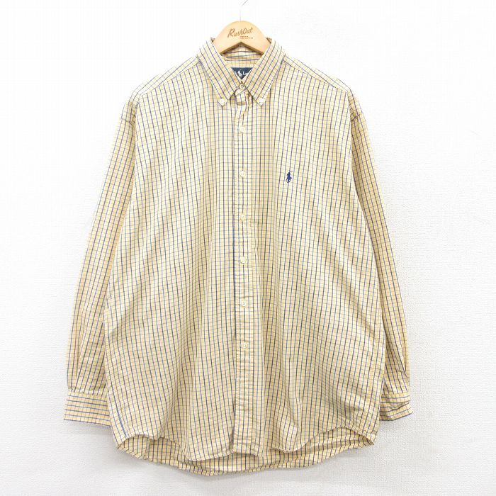 XL★古着 ラルフローレン Ralph Lauren 長袖 ブランド シャツ メンズ 90年代 90s ワンポイントロゴ BLAKE 大きいサイズ ロング丈 コットン ボタンダウン 黄他 イエロー チェック 25mar25 中古 トップス