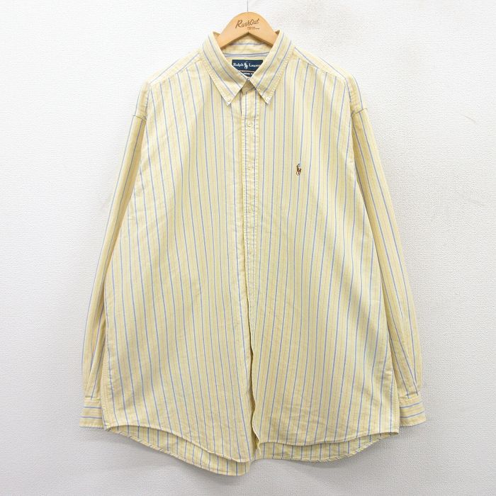 XL★古着 ラルフローレン Ralph Lauren 長袖 ブランド シャツ メンズ 90年代 90s ワンポイントロゴ オックスフォード 大きいサイズ ロング丈 コットン ボタンダウン 黄他 イエロー ストライプ 25mar25 中古 トップス