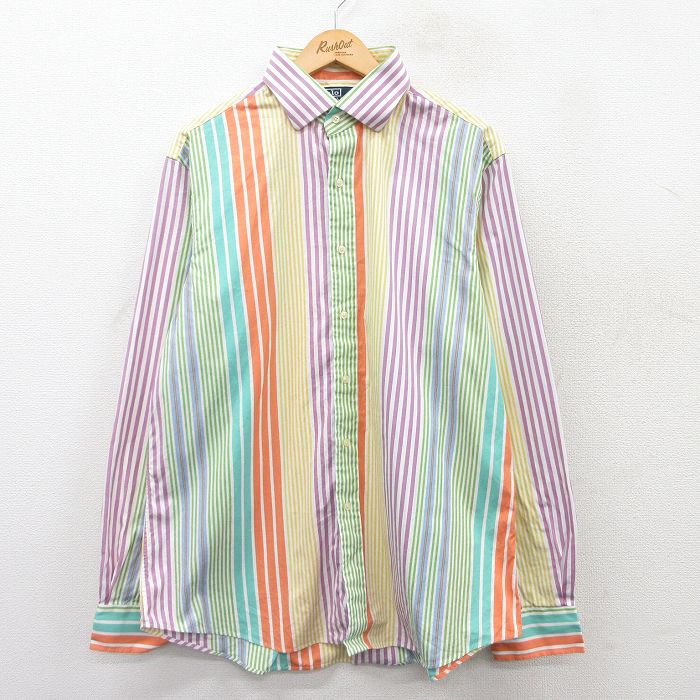 XL★古着 ラルフローレン Ralph Lauren 長袖 ブランド シャツ メンズ 90年代 90s REGENT コットン 黄他 イエロー ストライプ 25mar25 中古 トップス