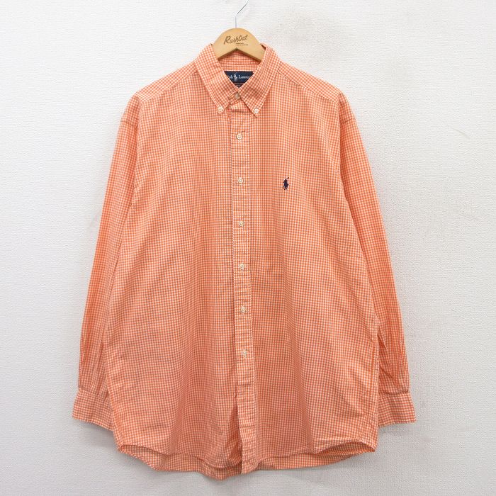 XL★古着 ラルフローレン Ralph Lauren 長袖 ブランド シャツ メンズ 90年代 90s ワンポイントロゴ BLAKE 大きいサイズ ロング丈 コットン ボタンダウン オレンジ他 ギンガム チェック 25mar25 中古 トップス