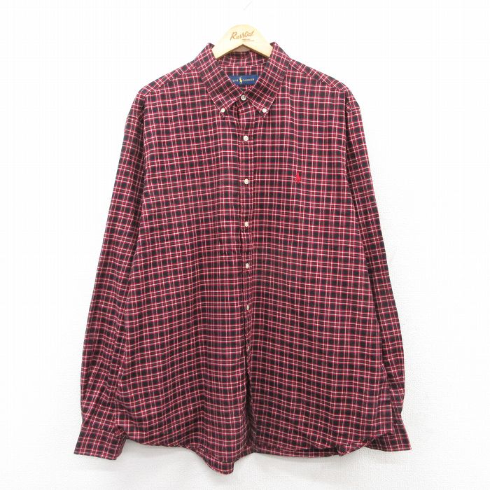 【50%OFF】XL★古着 ラルフローレン Ralph Lauren 長袖 ブランド シャツ メンズ ワンポイントロゴ 大きいサイズ ロング丈 コットン ボタンダウン 黒他 ブラック チェック 25mar25 中古 トップス