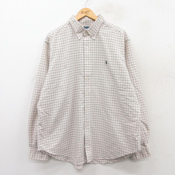 XL★古着 ラルフローレン Ralph Lauren 長袖 ブランド シャツ メンズ 90年代 90s ワンポイントロゴ オックスフォード 大きいサイズ ロング丈 コットン ボタンダウン 白他 ホワイト チェック 25mar25 中古 トップス