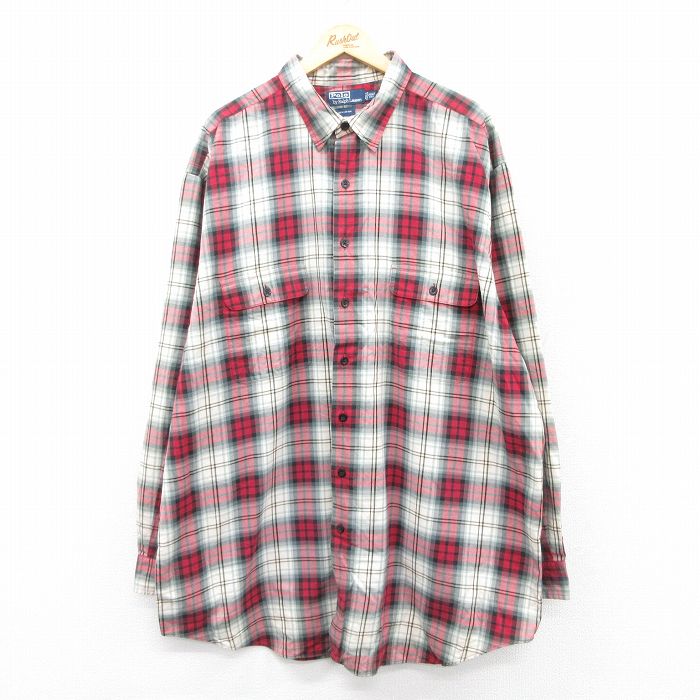 XL★古着 ラルフローレン Ralph Lauren 長袖 ブランド シャツ メンズ 90年代 90s 大きいサイズ ロング丈 コットン 赤他 レッド チェック 【spe】 25mar25 中古 トップス