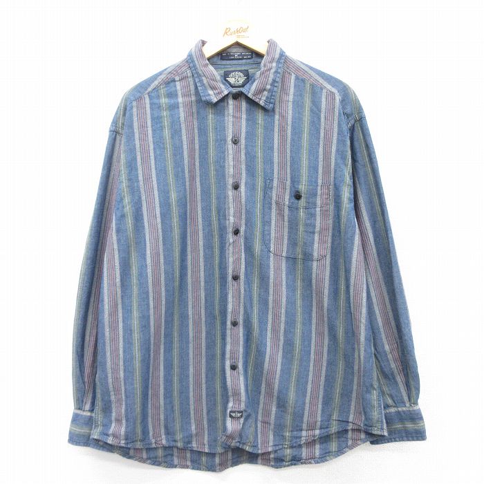 【50%OFF】XL★古着 ドッカーズ 長袖 ブランド シャツ メンズ 90年代 90s インディブ コットン 紺他 ネイビー ストライプ 25mar25 中古 トップス