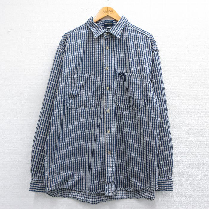 XL★古着 ゲス GUESS 長袖 ブランド シャツ メンズ 90年代 90s 大きいサイズ ロング丈 コットン USA製 紺他 ネイビー チェック 25mar26 中古 トップス