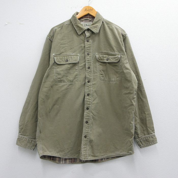 【50%OFF】XL★古着 エルエルビーン LLBEAN 長袖 ブランド シャツ メンズ 00年代 00s ロング丈 コットン 緑系 グリーン デニム 内側フランネル 25mar26 中古 トップス