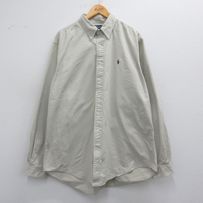 【50%OFF】XL★古着 ラルフローレン Ralph Lauren 長袖 ブランド シャツ メンズ 90年代 90s ワンポイントロゴ 大きいサイズ ロング丈 コットン ボタンダウン ベージュ カーキ 25mar26 中古 トップス