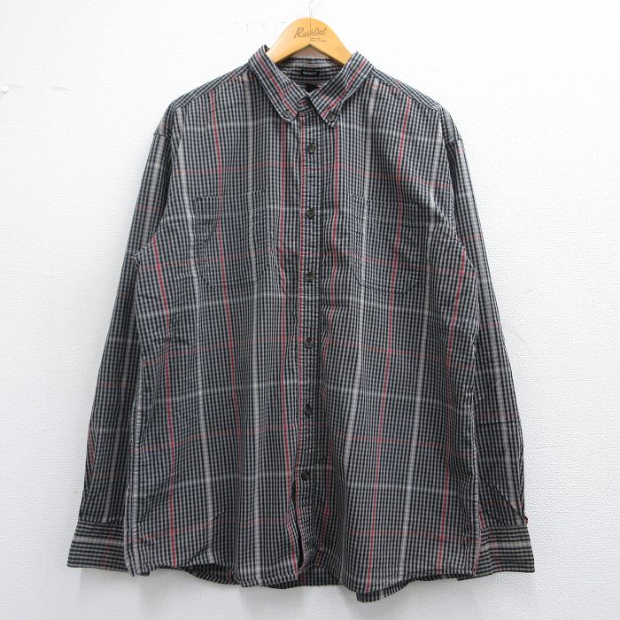 XL★古着 ディッキーズ Dickies 長袖 ブランド シャツ メンズ ロング丈 ボタンダウン グレー他 チェック 25mar26 中古 トップス