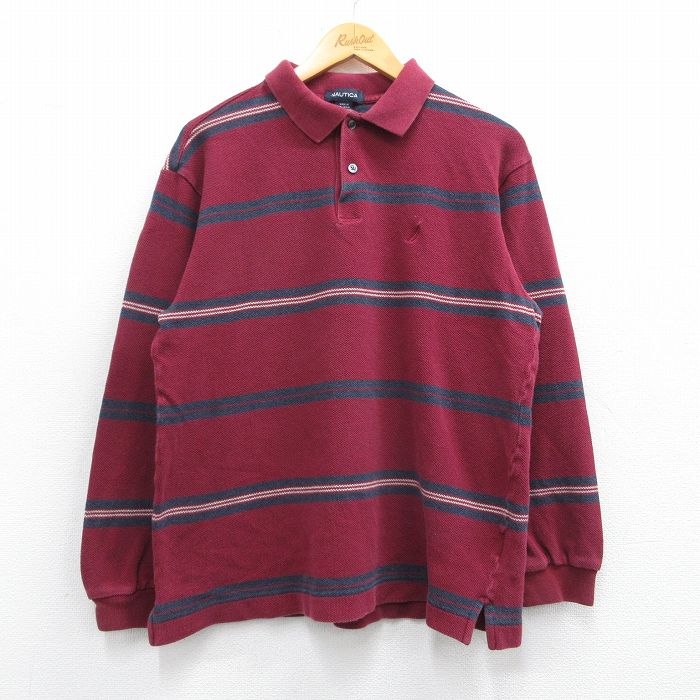 M★古着 ノーティカ NAUTICA 長袖 ブランド ポロ シャツ メンズ ワンポイントロゴ 鹿の子 コットン エンジ他 25mar26 中古 トップス