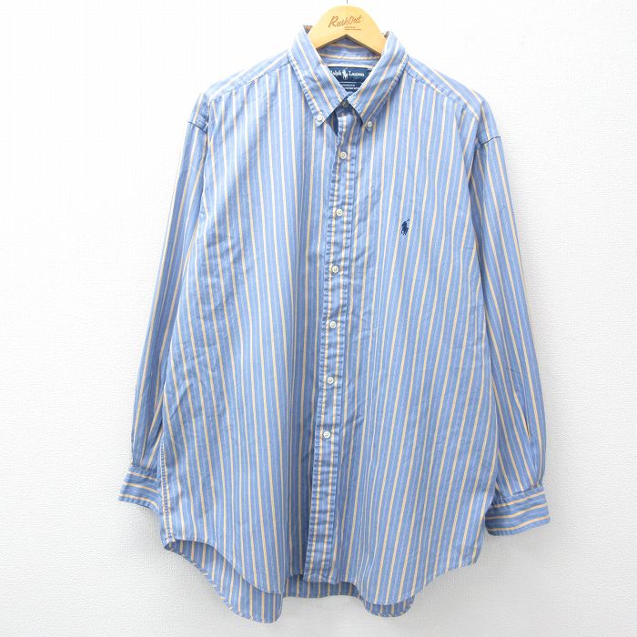 XL★古着 ラルフローレン Ralph Lauren 長袖 ブランド シャツ メンズ 90年代 90s YARMOUTH ワンポイントロゴ オックスフォード 大きいサイズ ロング丈 コットン ボタンダウン 紺他 ネイビー ストライプ 25mar27 中古 トップス