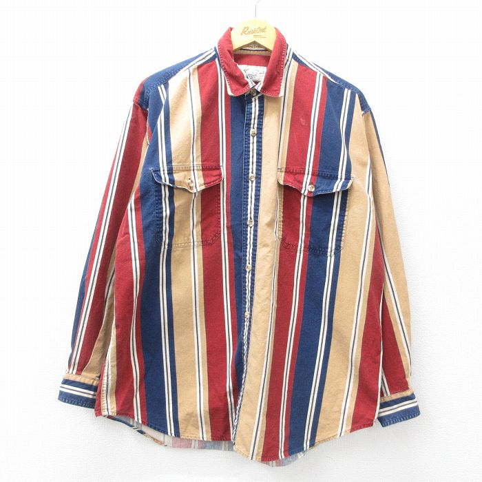 XL★古着 エディーバウアー 長袖 ブランド シャツ メンズ 00年代 00s コットン 紺他 ネイビー ストライプ 【spe】 25mar27 中古 トップス