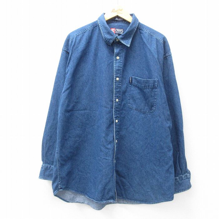 XL★古着 ラルフローレン Ralph Lauren チャップス 長袖 ブランド シャツ メンズ 90年代 90s 大きいサイズ ロング丈 コットン 紺 ネイビー デニム 25mar27 中古 トップス