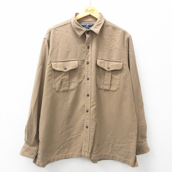 XL★古着 ラルフローレン Ralph Lauren ポロスポーツ 長袖 ブランド シャツ メンズ 大きいサイズ コットン 薄茶 ブラウン 【spe】 25mar27 中古 トップス