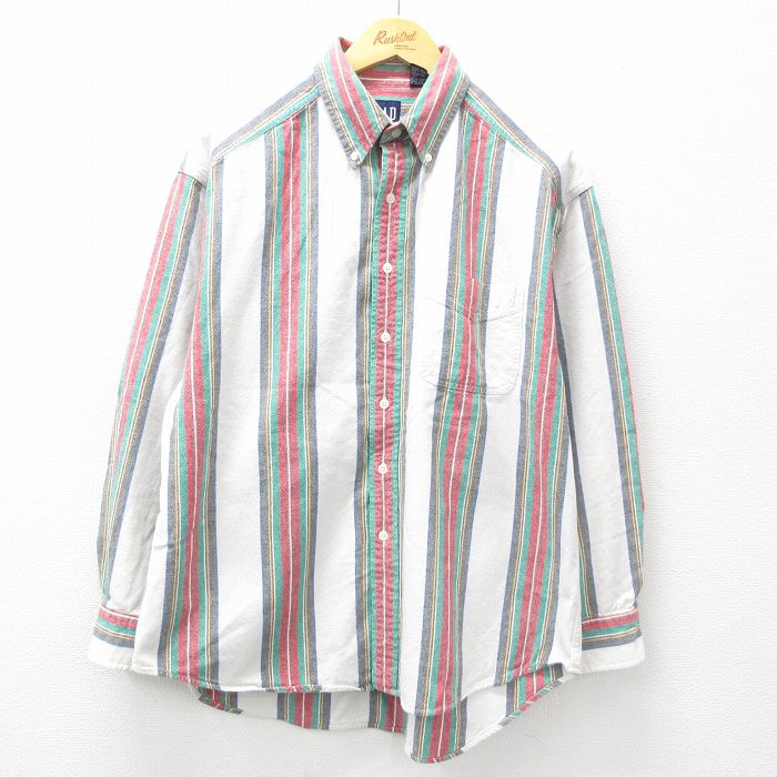 XL★古着 ギャップ GAP 長袖 ブランド シャツ メンズ 90年代 90s コットン ボタンダウン 白他 ホワイト ストライプ 【spe】 25mar27 中古 トップス