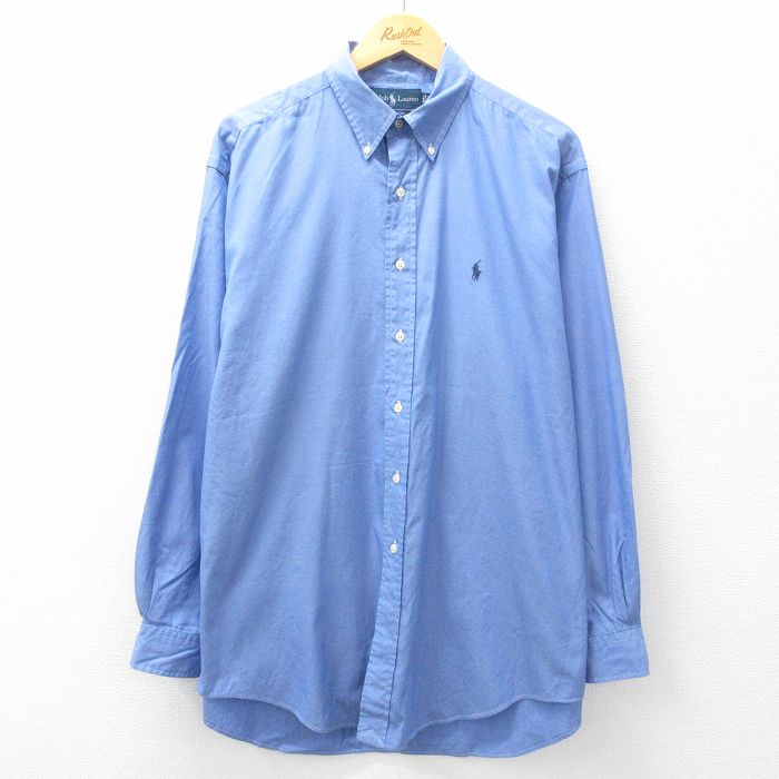 XL★古着 ラルフローレン Ralph Lauren 長袖 ブランド シャツ メンズ 90年代 90s YARMOUTH ワンポイントロゴ オックスフォード 大きいサイズ ロング丈 コットン ボタンダウン 薄紺 ネイビー 25mar27 中古 トップス