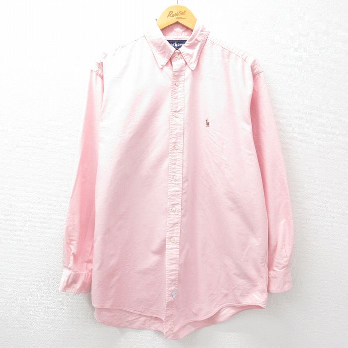 XL★古着 ラルフローレン Ralph Lauren 長袖 ブランド シャツ メンズ 90年代 90s YARMOUTH ワンポイントロゴ オックスフォード 大きいサイズ ロング丈 コットン ボタンダウン ピンク 25mar27 中古 トップス